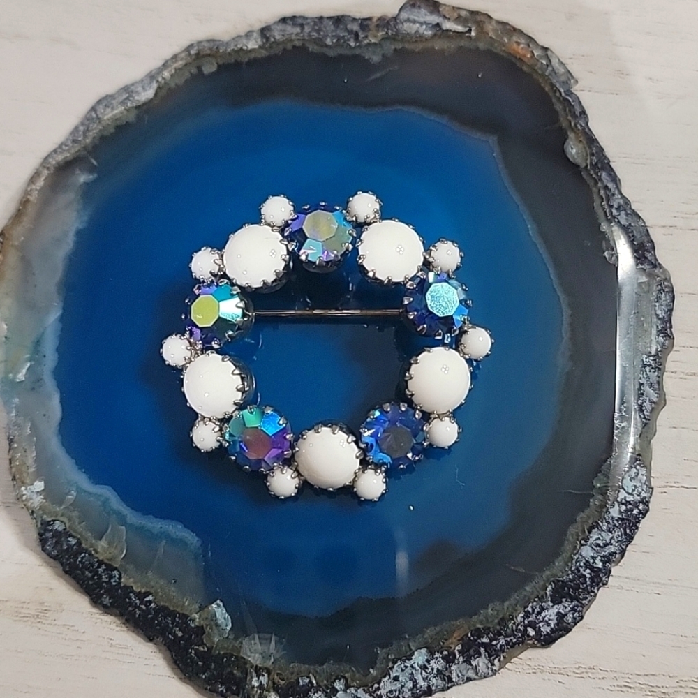 White Milk Glass Cabochon AB Aurora Borealis Rhinestone Circular Vintage Brooch